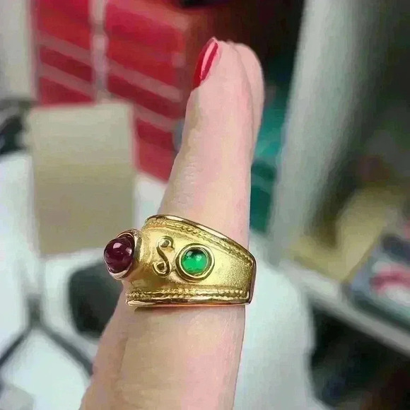 Gold plated ring  with blue red green glass stones size 6 - Picture 7 of 17